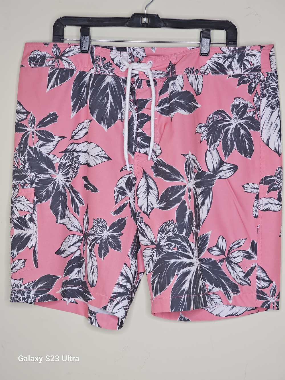 Goodthreads Pink Floral Swim Shorts with Black Leaf Print